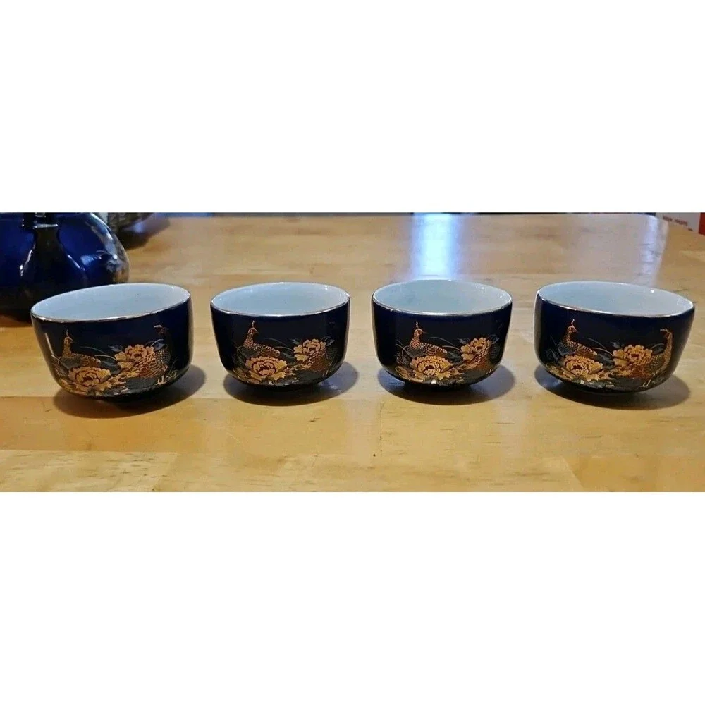 Vintage Japanese Cobalt Blue Tea Set With Gold Peacock Design - Teapot W/ 4 Cups